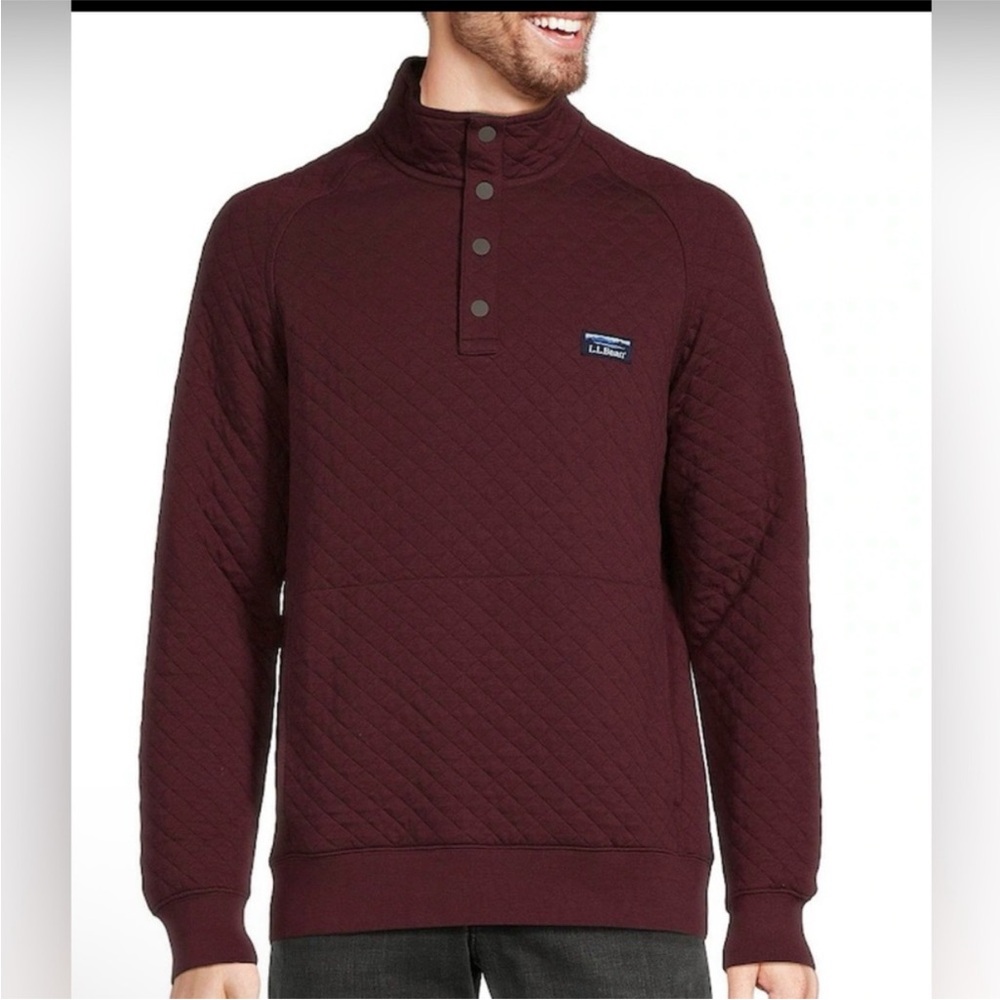 L.L.Bean Men’s Burgundy Quilted Snap Pullover Sweater Mock Neck